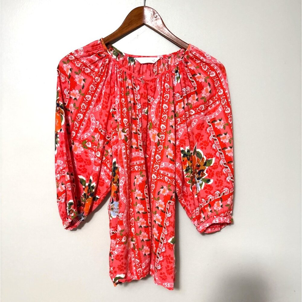Lauren Conrad Red Floral Boho Peasant Blouse S 3/4 Sleeve Lightweight Relaxed Fi - Picture 2 of 6